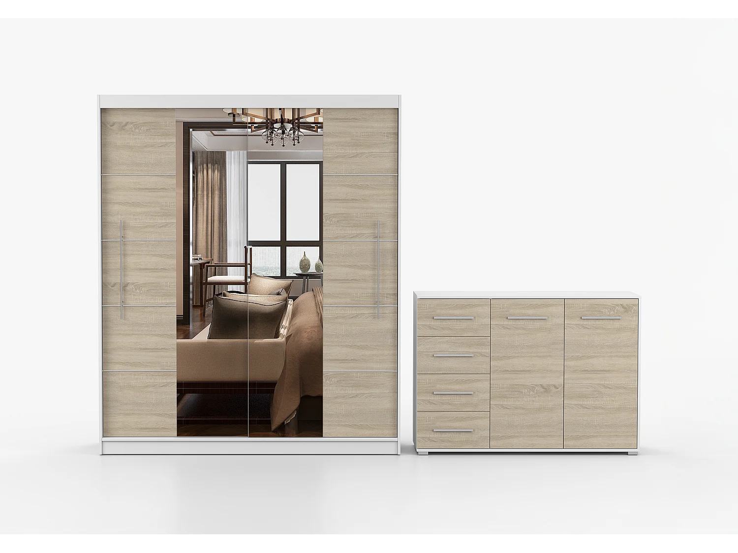 Ensemble armoire Orelia et commode Ilario avec miroir - Blanc - Chêne