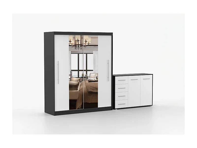 Ensemble armoire Eireen et commode Ilario avec miroir - Noir - Blanc