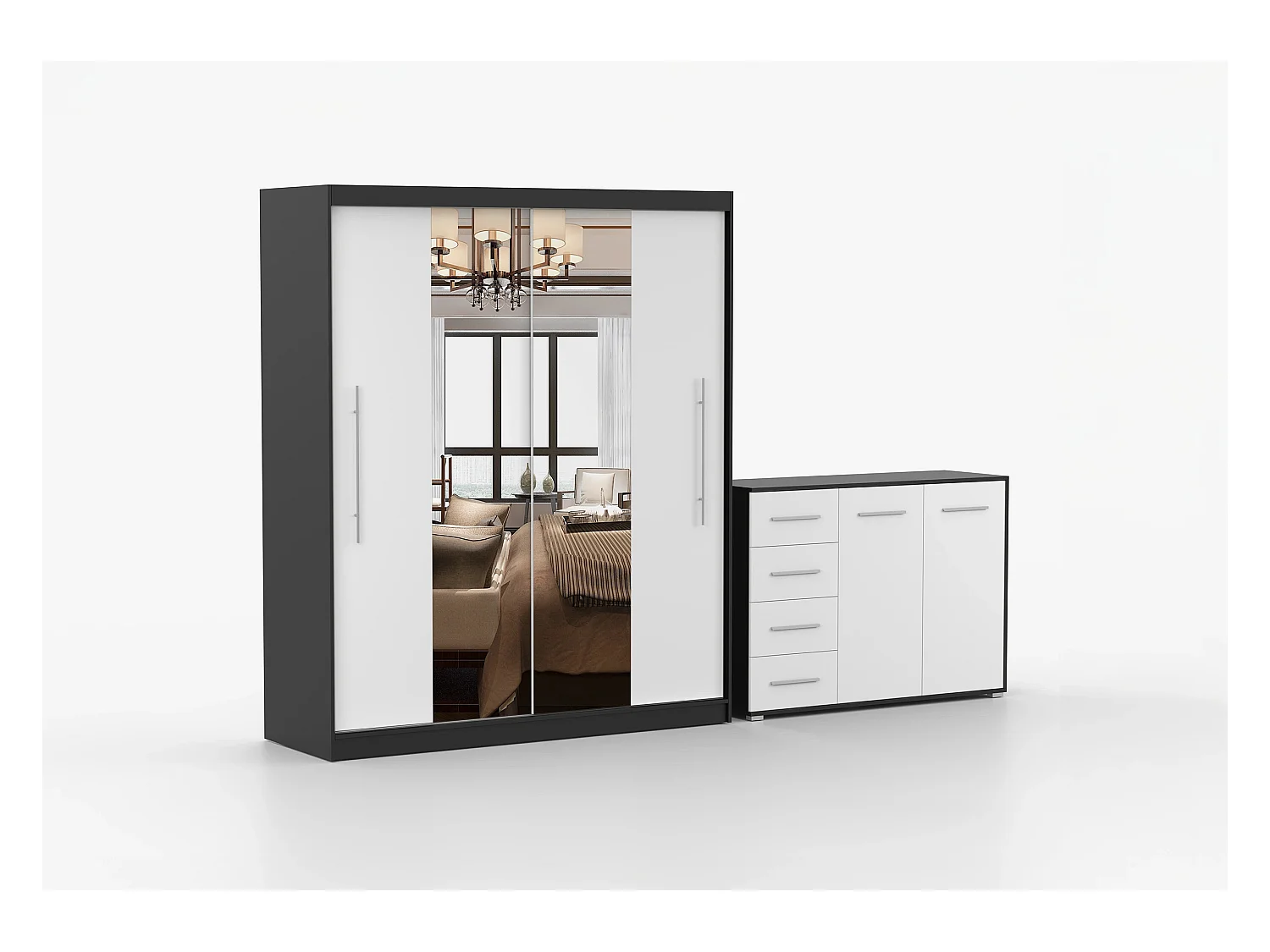 Ensemble armoire Eireen et commode Ilario avec miroir - Noir - Blanc