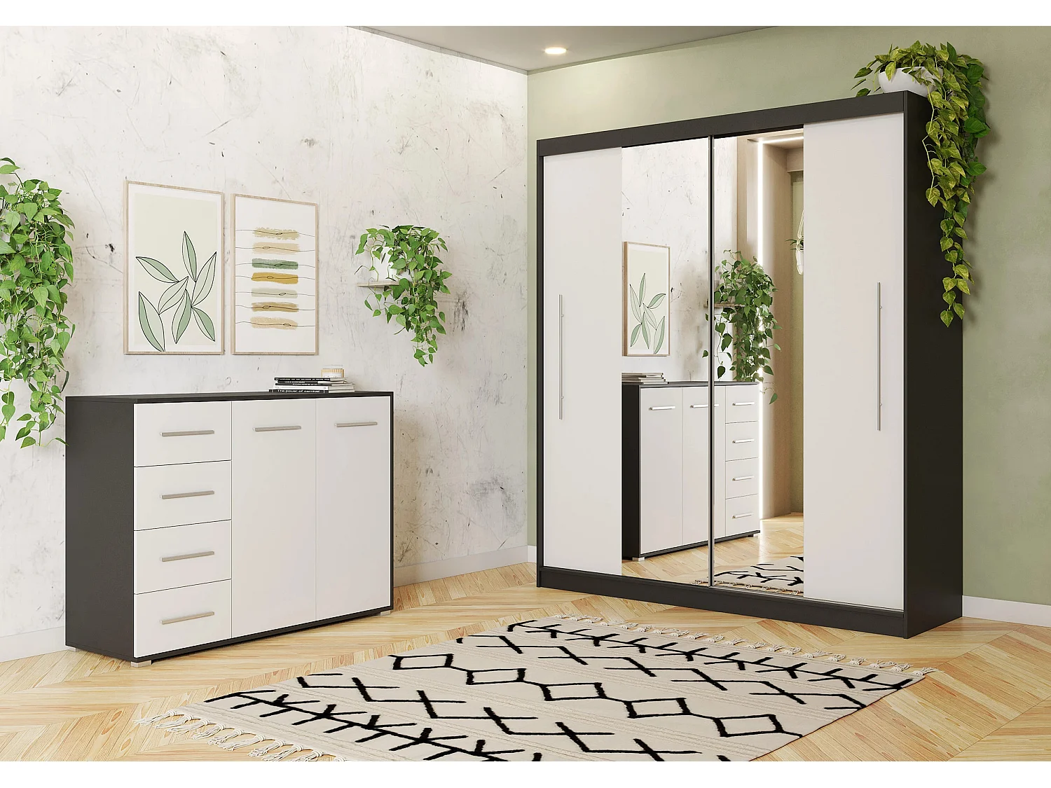 Ensemble armoire Eireen et commode Ilario avec miroir - Noir - Blanc