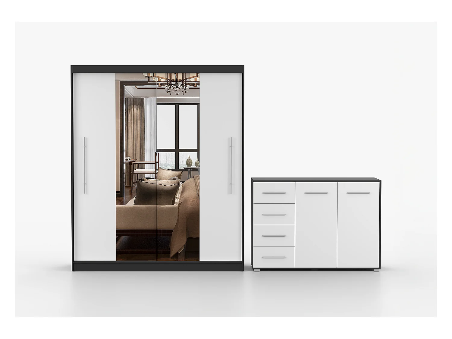 Ensemble armoire Eireen et commode Ilario avec miroir - Noir - Blanc