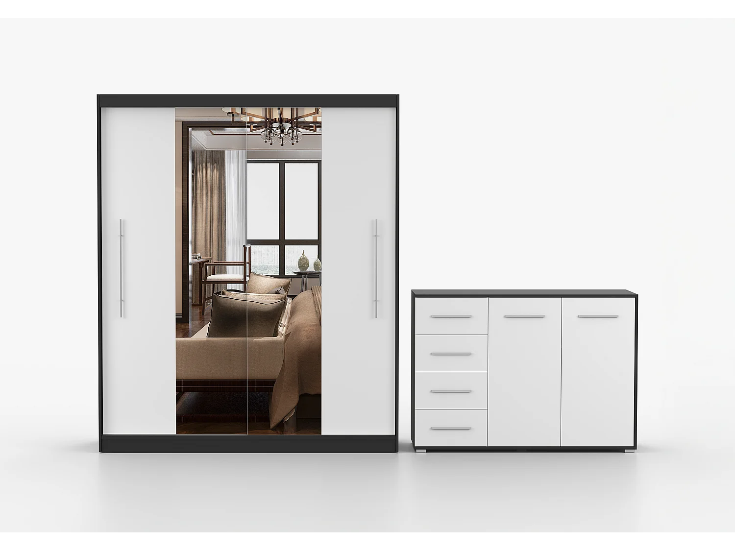 Ensemble armoire Eireen et commode Ilario avec miroir - Noir - Blanc