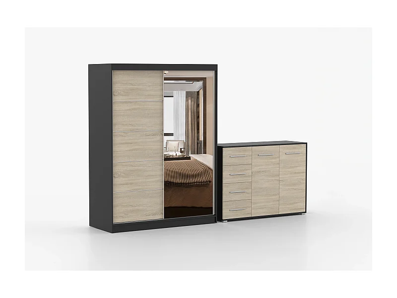 Ensemble armoire Vaiana et commode Ilario avec miroir - Noir - Chêne