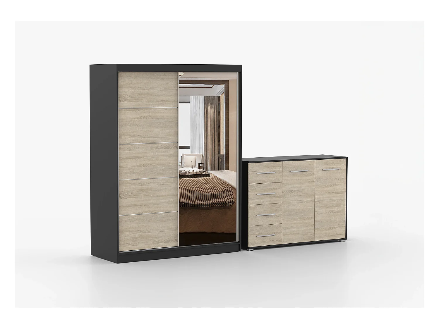 Ensemble armoire Vaiana et commode Ilario avec miroir - Noir - Chêne