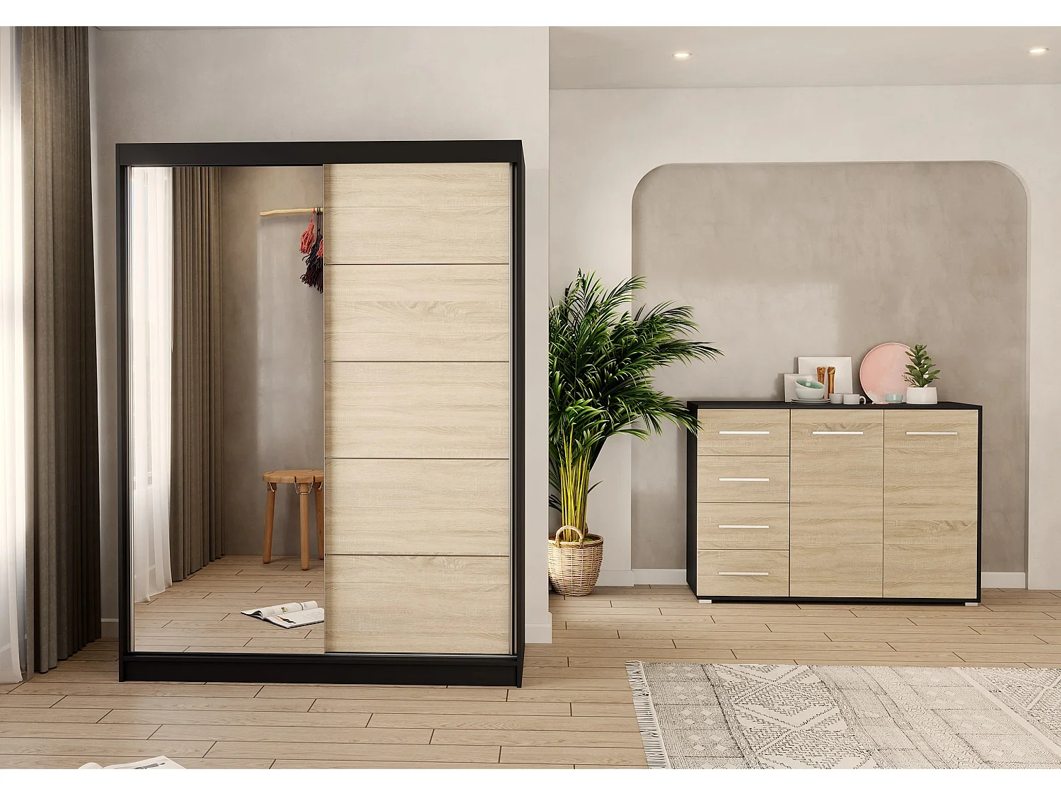 Ensemble armoire Vaiana et commode Ilario avec miroir - Noir - Chêne