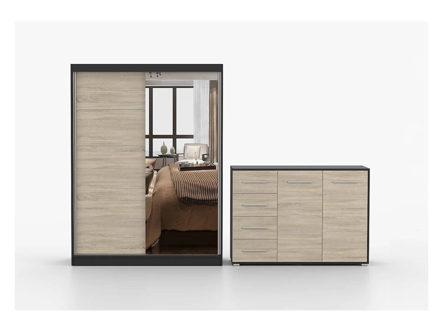 Ensemble armoire Vaiana et commode Ilario avec miroir - Noir - Chêne