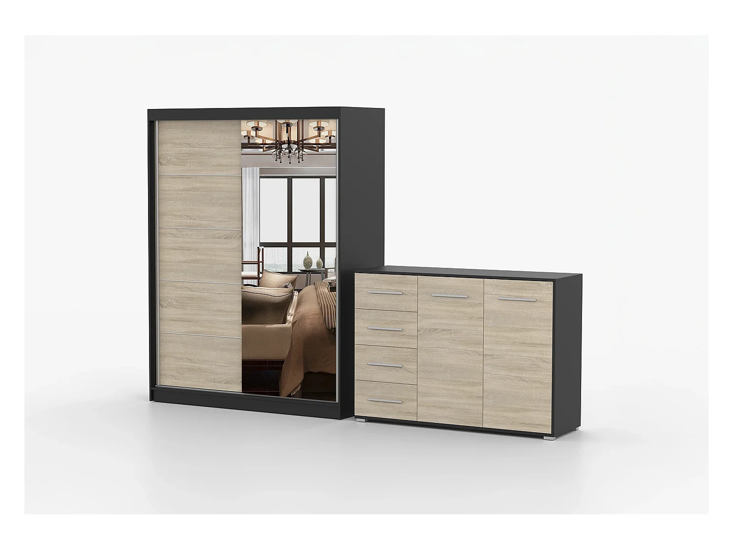 Ensemble armoire Vaiana et commode Ilario avec miroir - Noir - Chêne