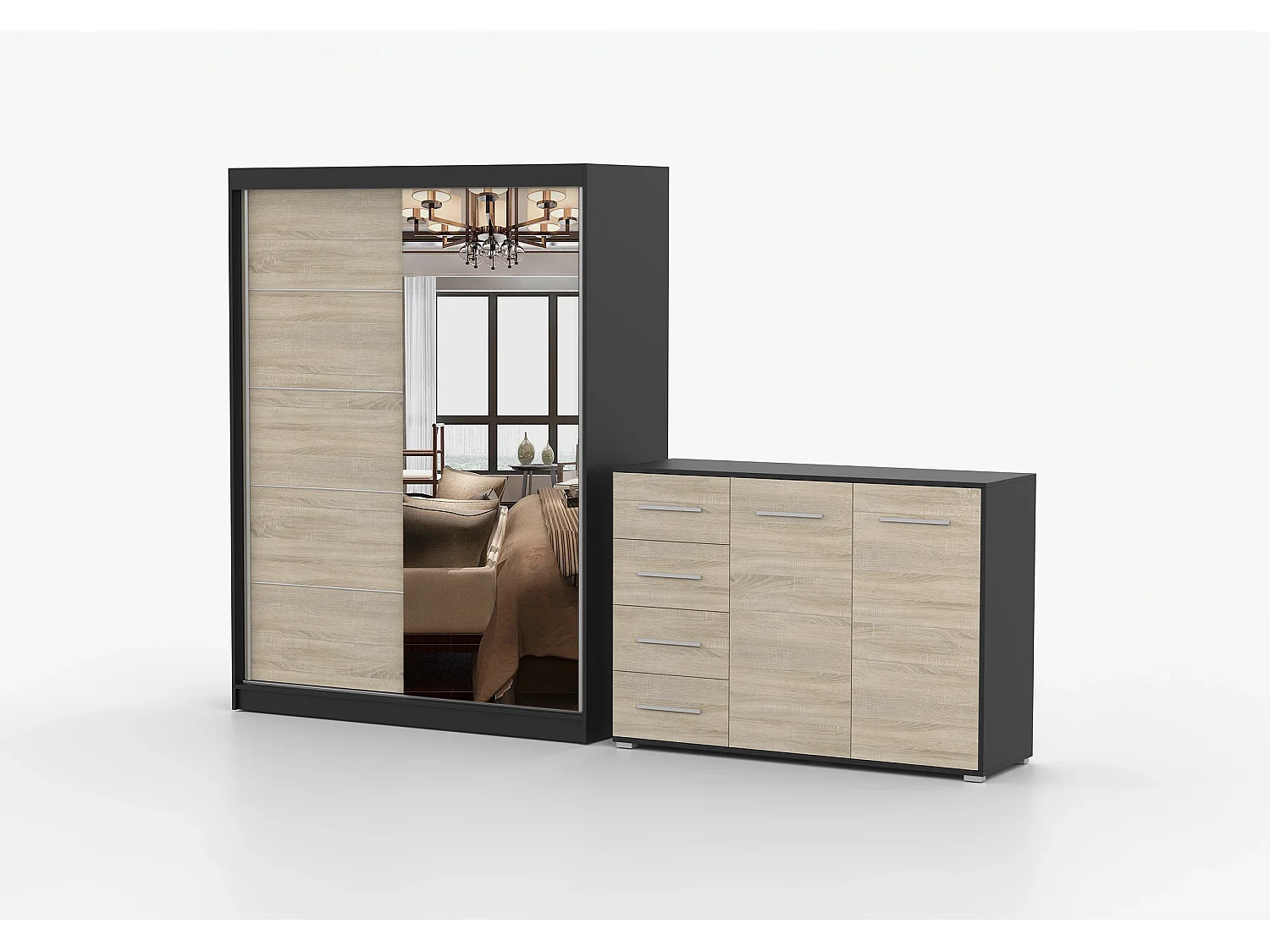 Ensemble armoire Vaiana et commode Ilario avec miroir - Noir - Chêne