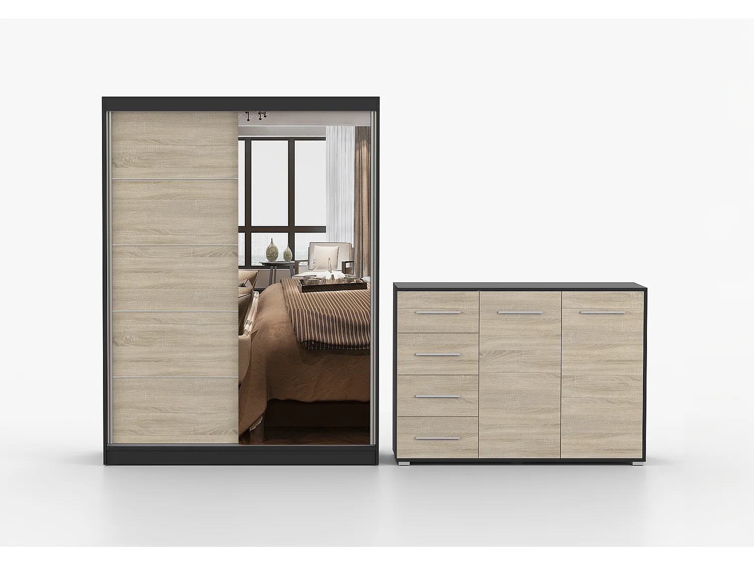 Ensemble armoire Vaiana et commode Ilario-150 avec miroir - Noir - Chêne