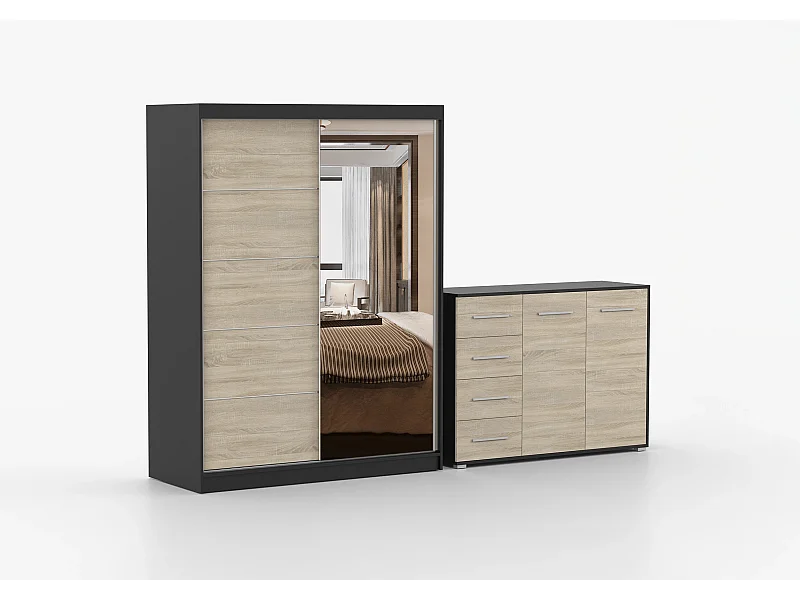 Ensemble armoire Vaiana et commode Ilario avec miroir - Noir - Chêne