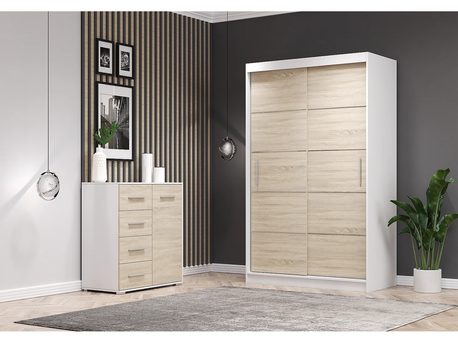 Ensemble armoire Lilwenn et commode Ilario - Blanc - Chêne