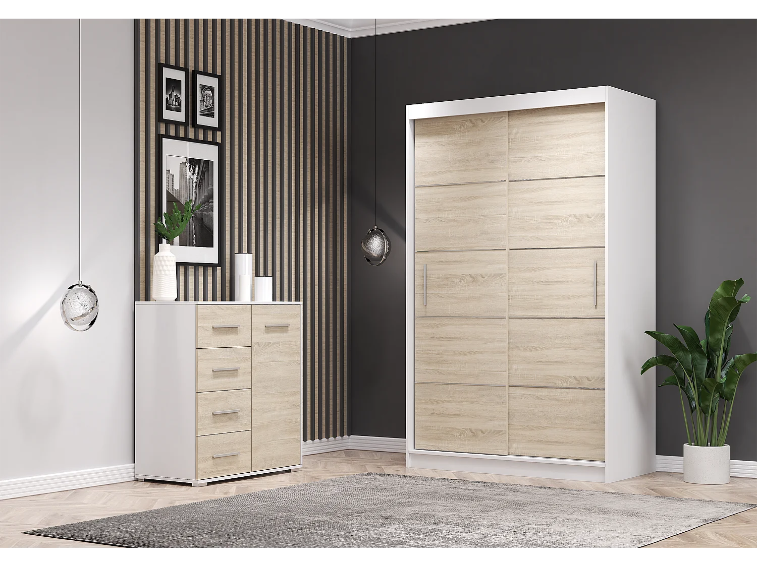 Ensemble armoire Lilwenn et commode Ilario - Blanc - Chêne