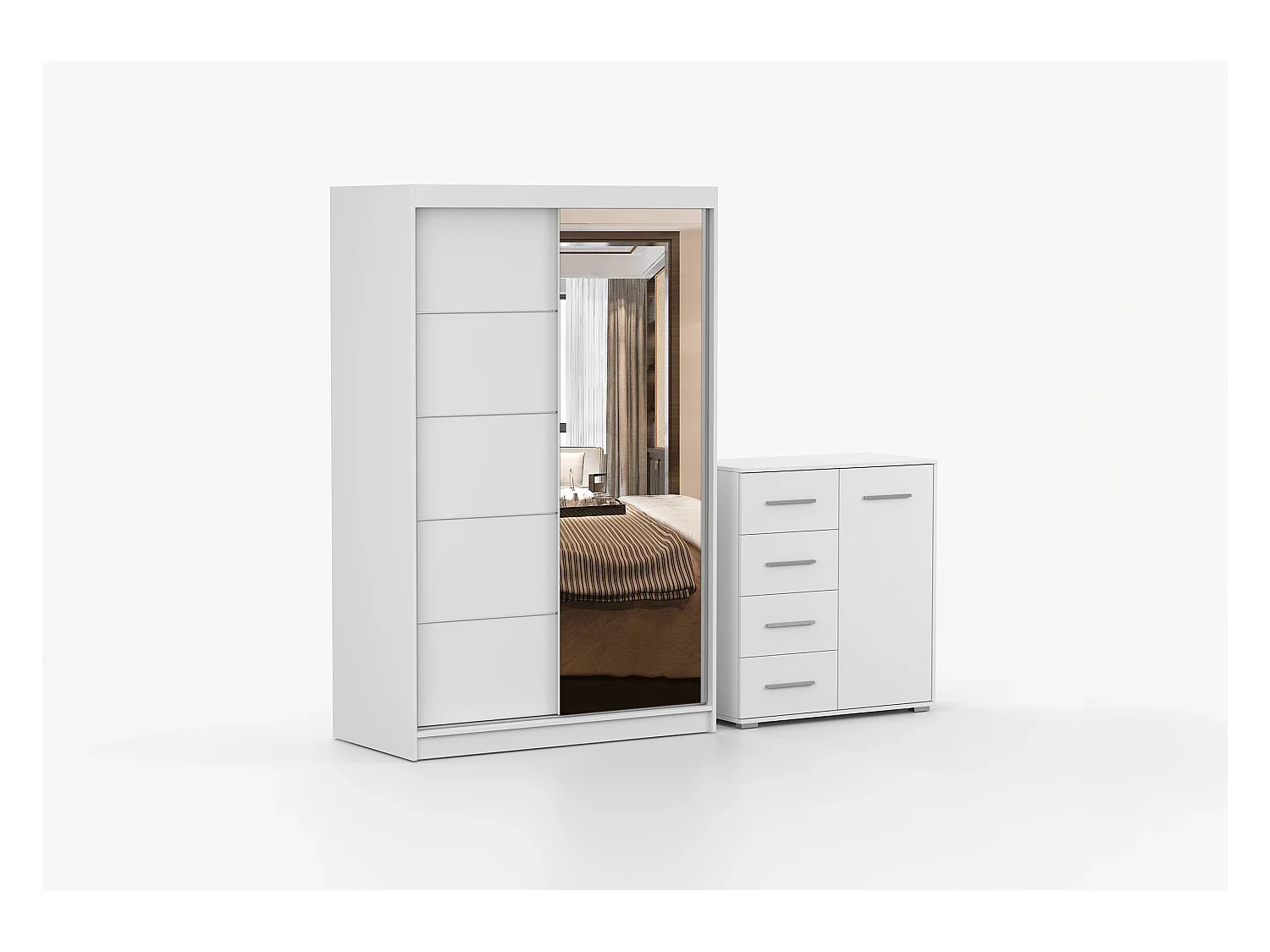 Ensemble armoire Syra et commode Ilario avec miroir - Blanc