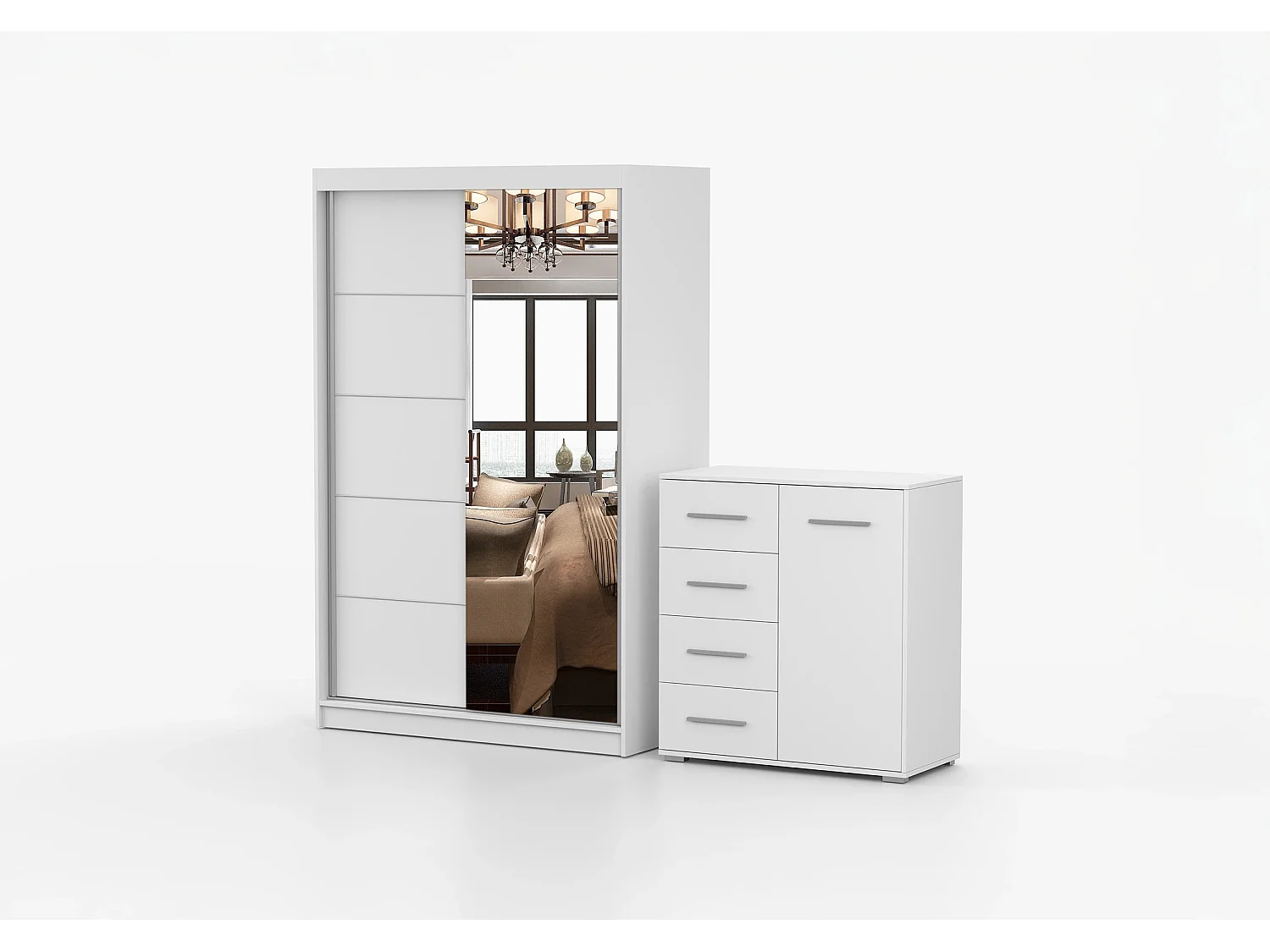 Ensemble armoire Syra et commode Ilario avec miroir - Blanc