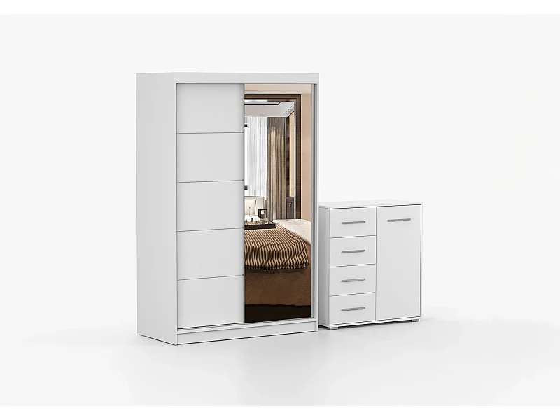 Ensemble armoire Syra et commode Ilario avec miroir - Blanc
