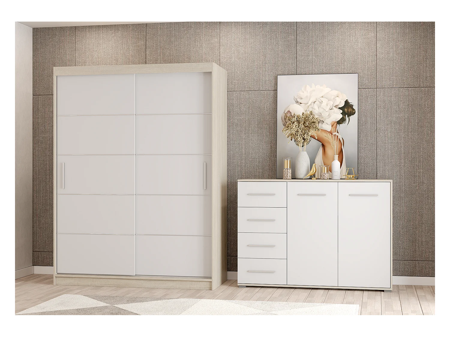 Ensemble armoire Aliona et commode Ilario - Chêne - Blanc