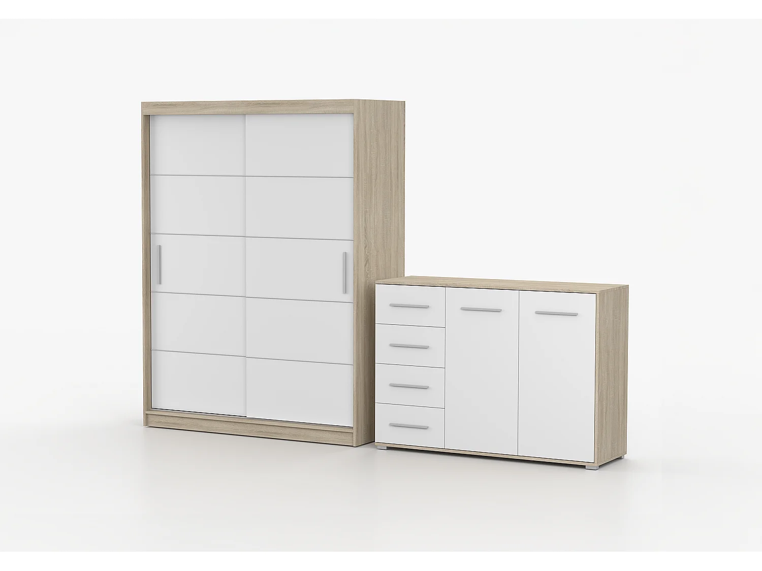 Ensemble armoire Aliona et commode Ilario - Chêne - Blanc