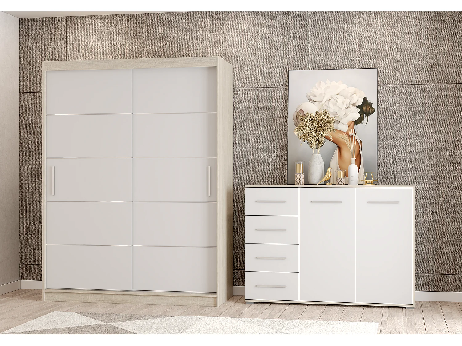 Ensemble armoire Aliona et commode Ilario - Chêne - Blanc
