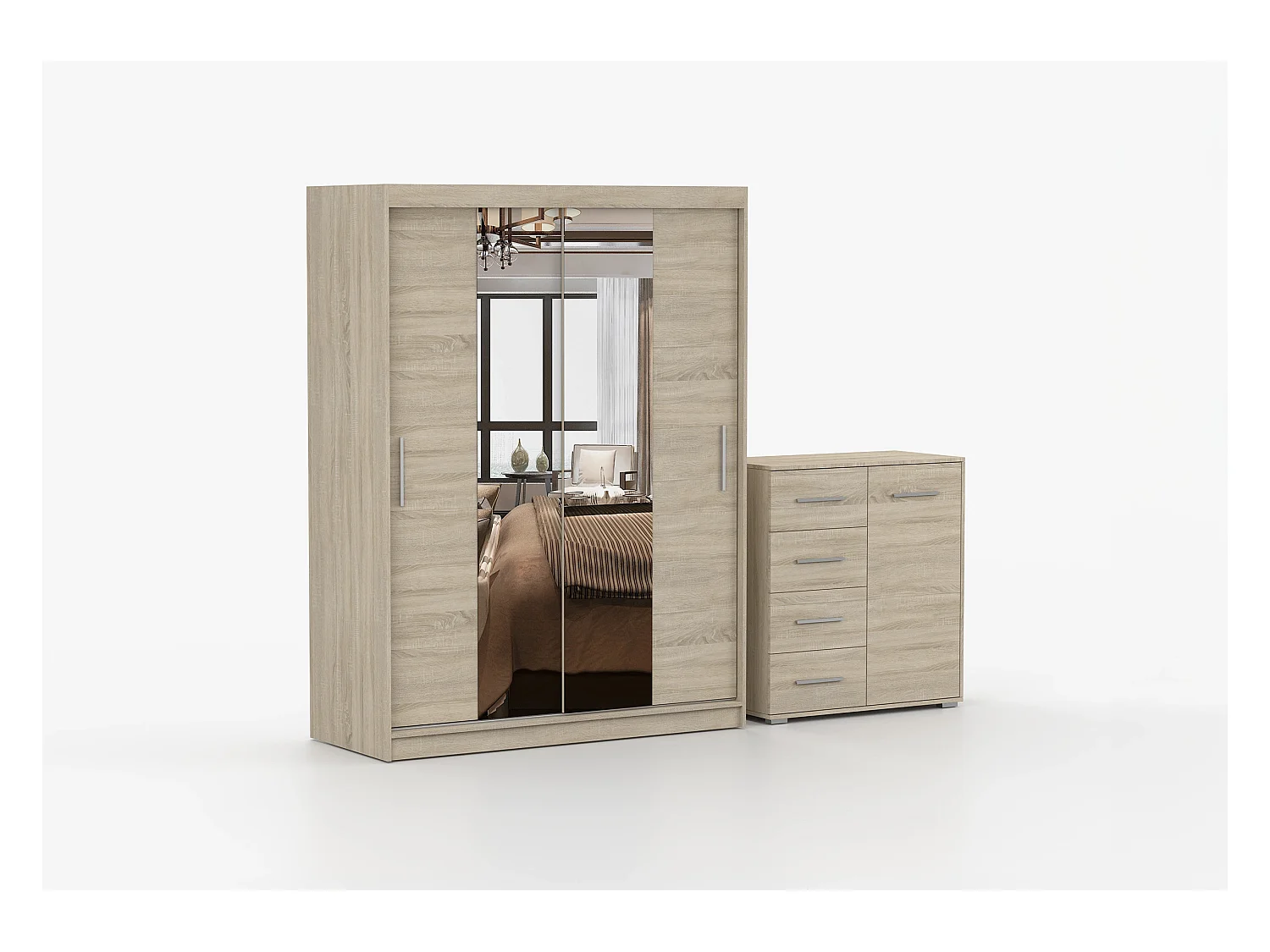 Ensemble armoire et commode Aenora Ilario avec miroir - Chêne