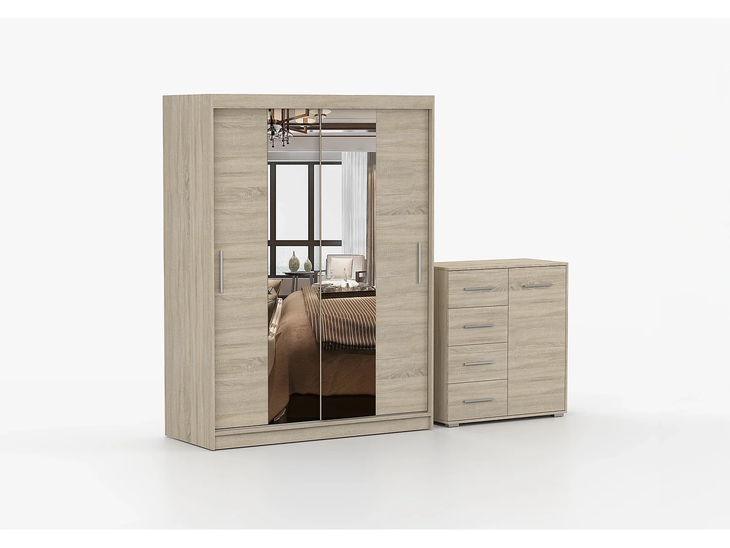 Ensemble armoire et commode Aenora Ilario avec miroir - Chêne