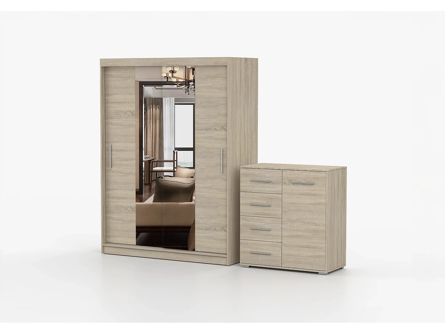 Ensemble armoire et commode Aenora Ilario avec miroir - Chêne