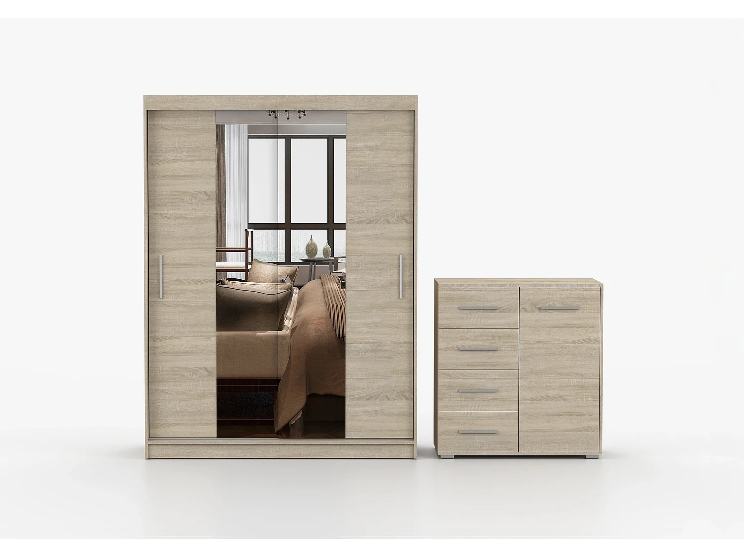 Ensemble armoire et commode Aenora Ilario avec miroir - Chêne