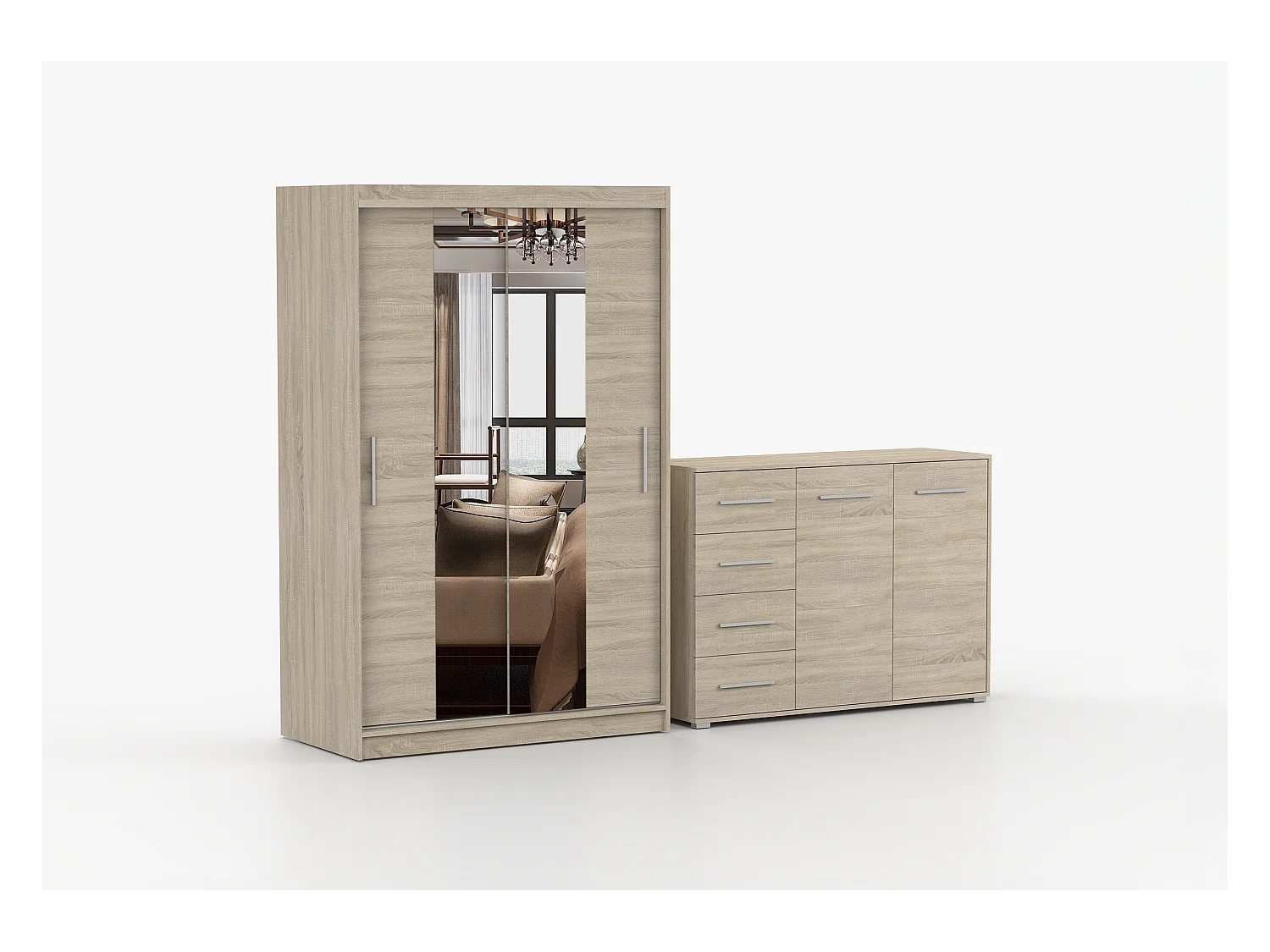 Ensemble armoire Danae et commode Ilario avec miroir - Chêne