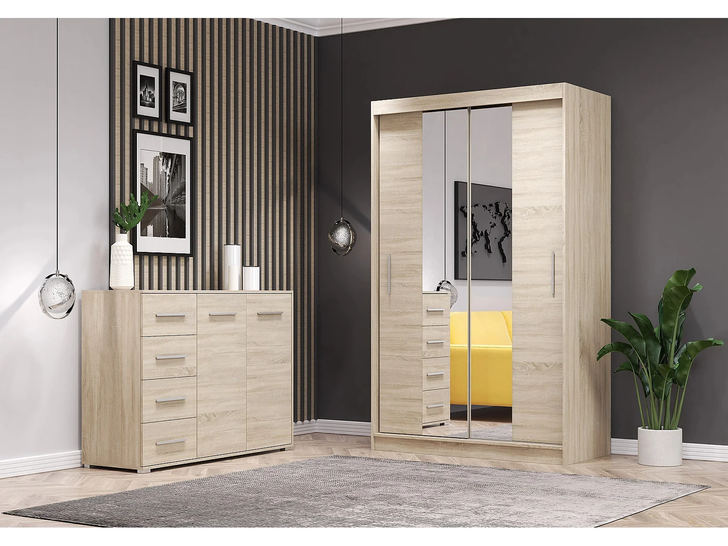 Ensemble armoire Danae et commode Ilario avec miroir - Chêne