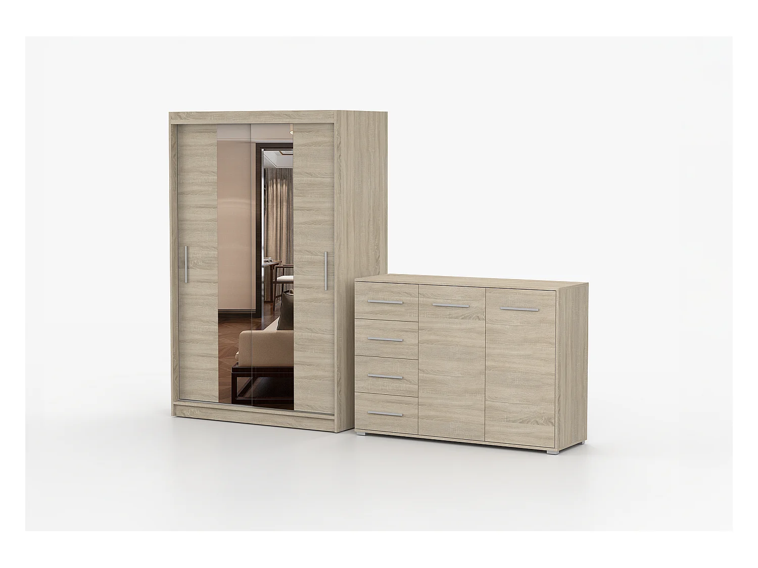 Ensemble armoire Danae et commode Ilario avec miroir - Chêne