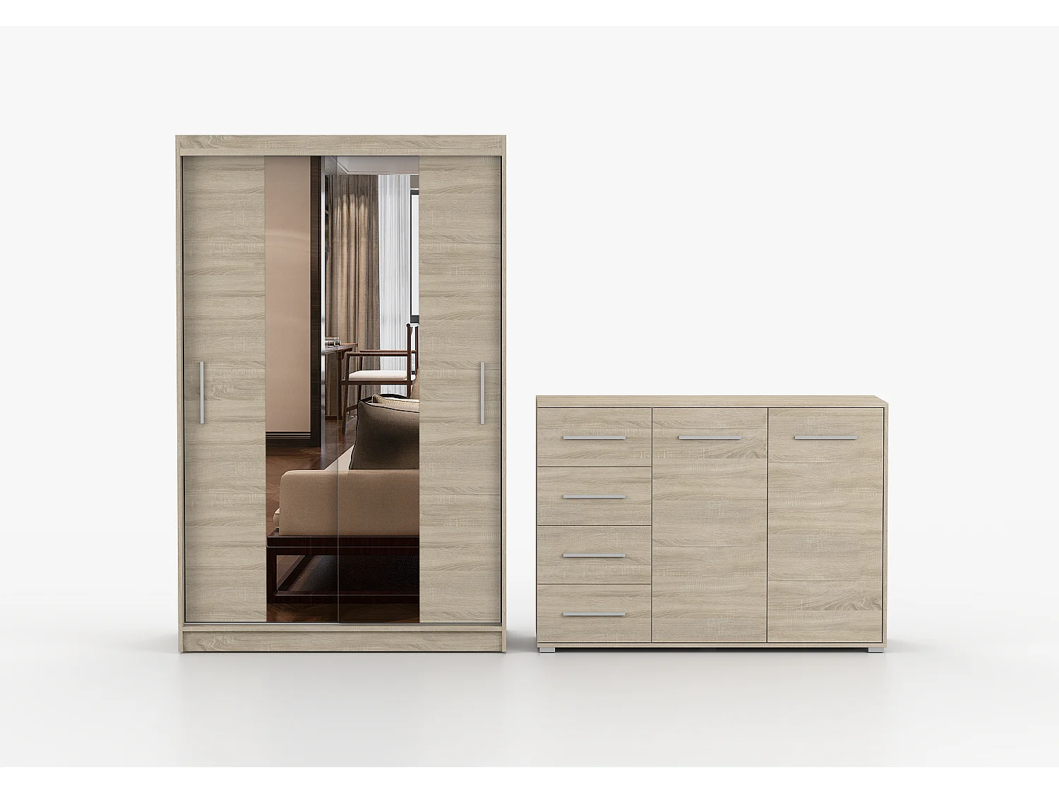 Ensemble armoire Danae et commode Ilario avec miroir - Chêne