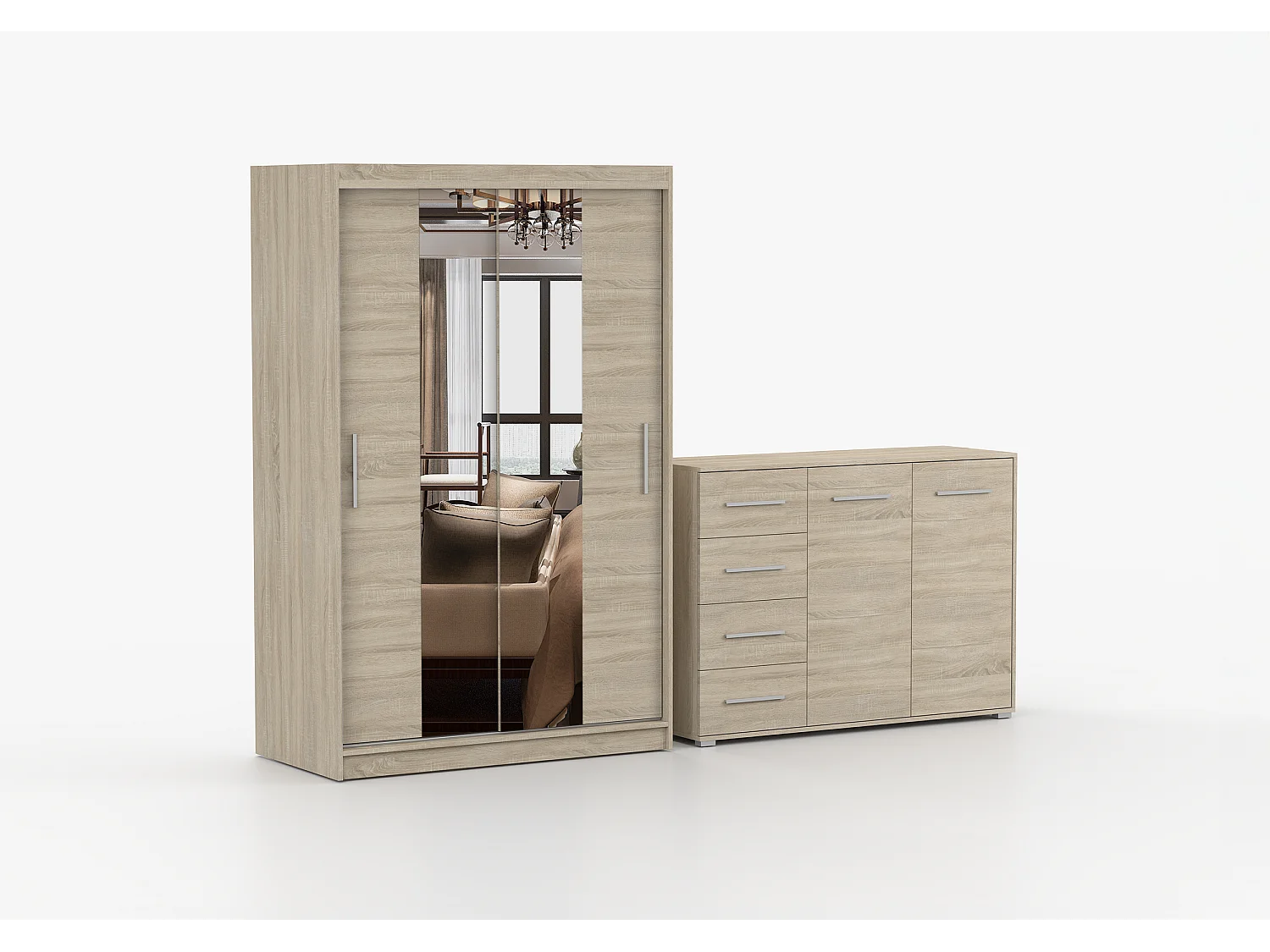 Ensemble armoire Danae et commode Ilario avec miroir - Chêne