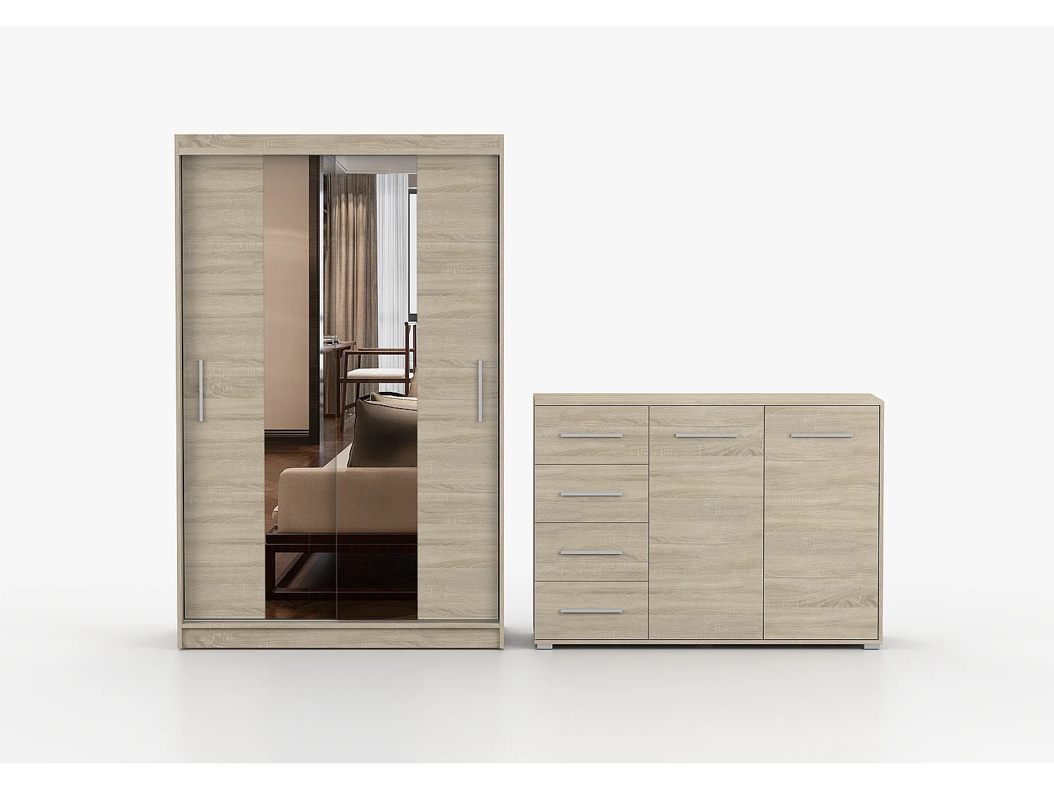 Ensemble armoire Danae et commode Ilario avec miroir - Chêne