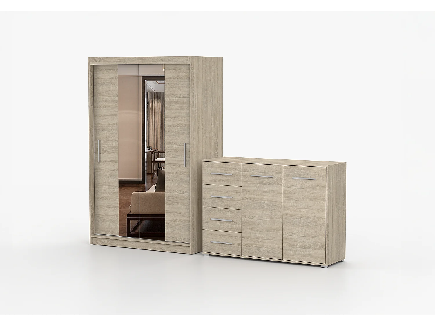 Ensemble armoire Danae et commode Ilario avec miroir - Chêne