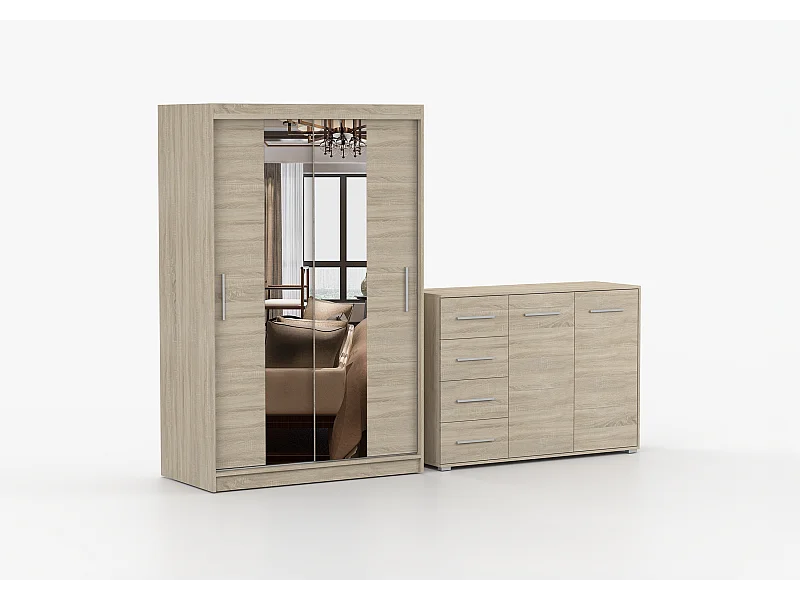 Ensemble armoire Danae et commode Ilario avec miroir - Chêne