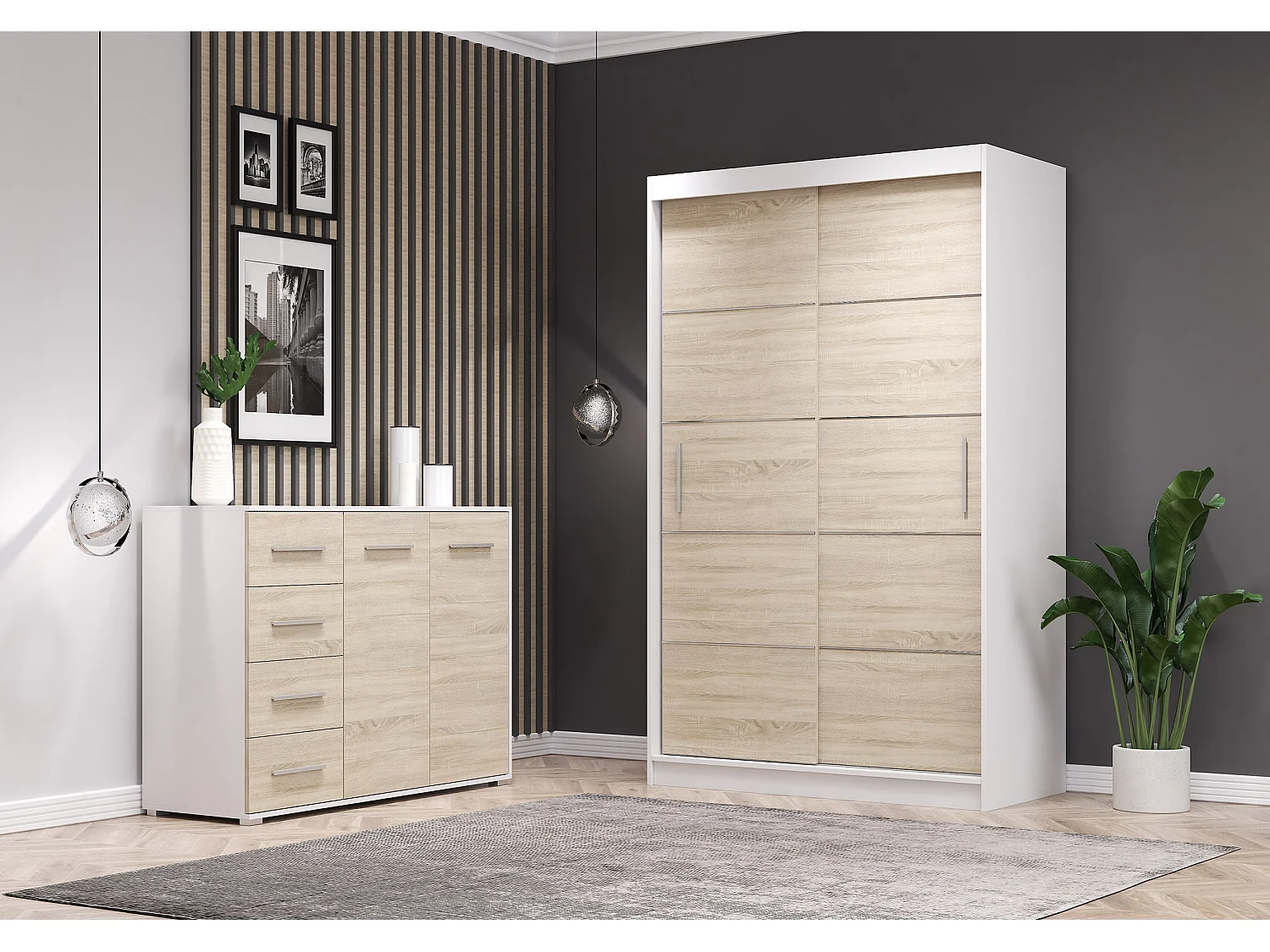 Ensemble armoire Lilwenn et commode Ilario - Blanc - Chêne