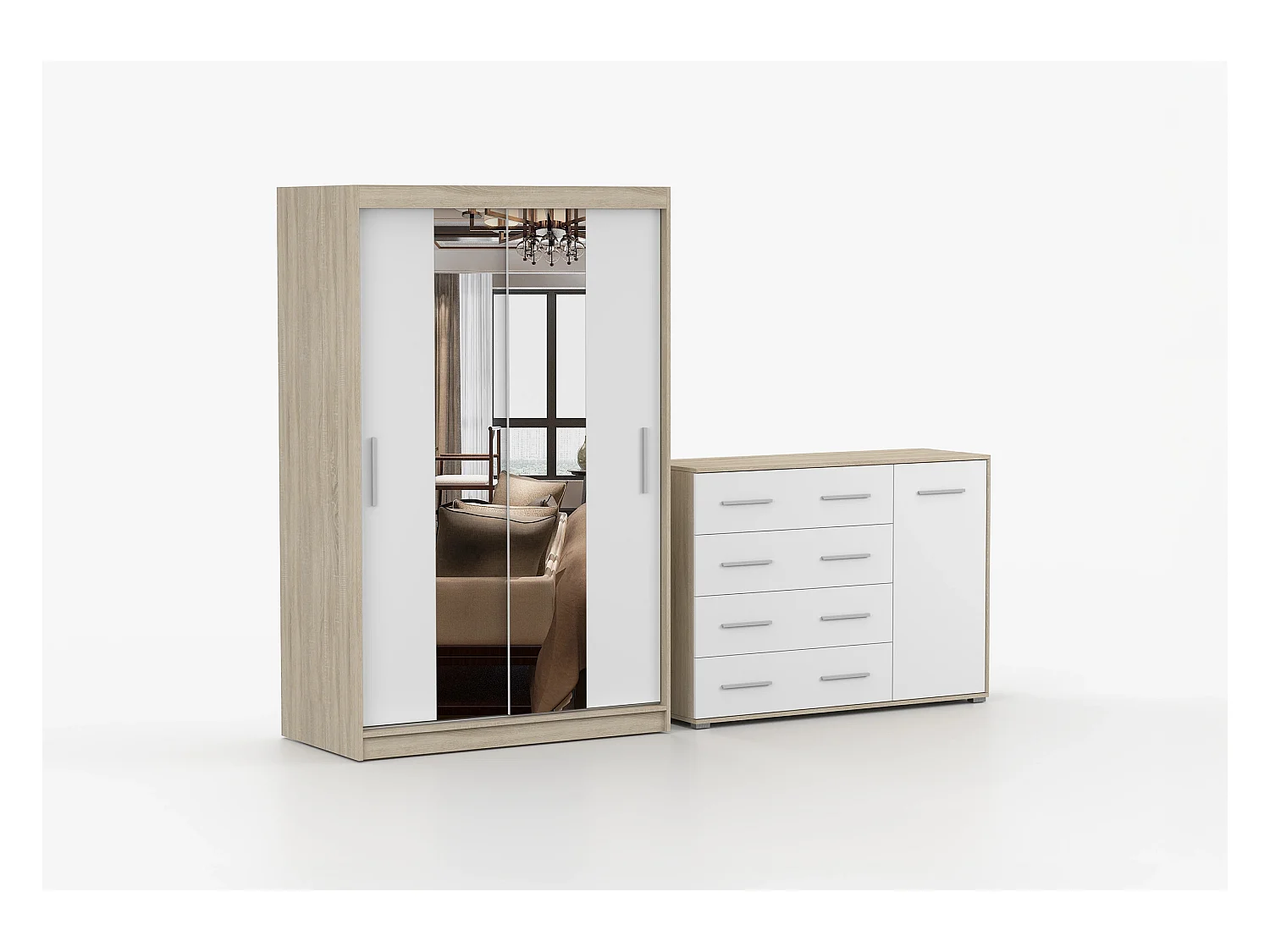 Ensemble armoire Danae et commode Ilario - Chêne - Blanc