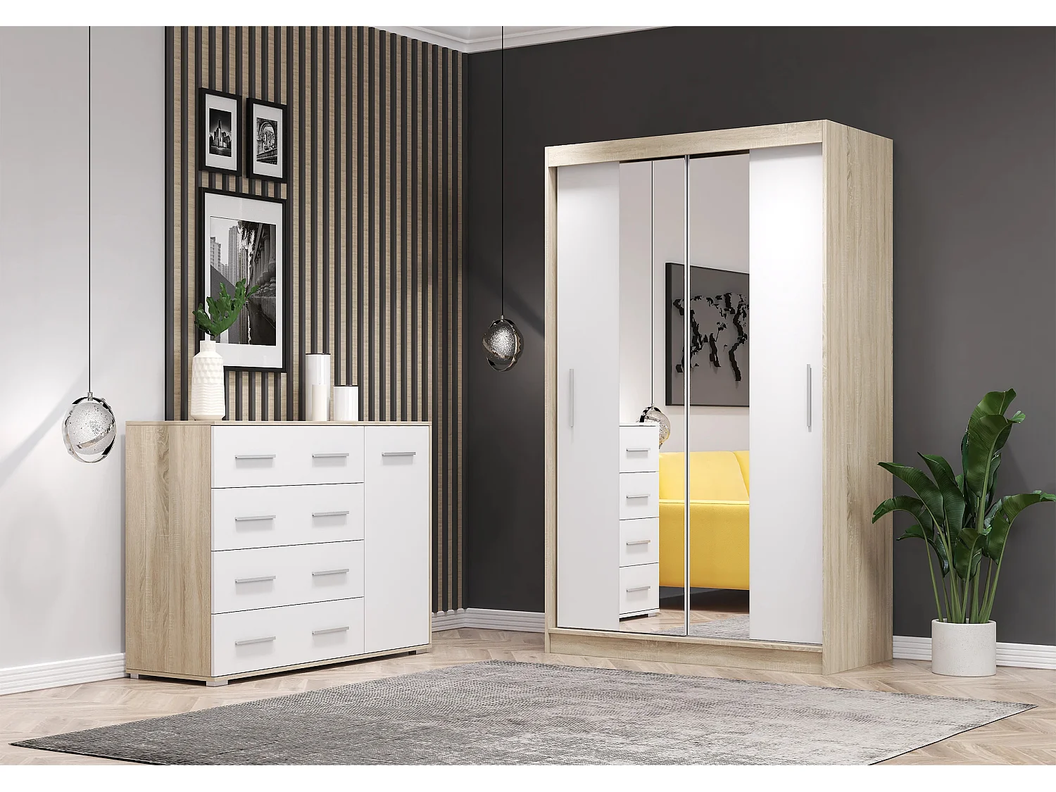 Ensemble armoire Danae et commode Ilario - Chêne - Blanc