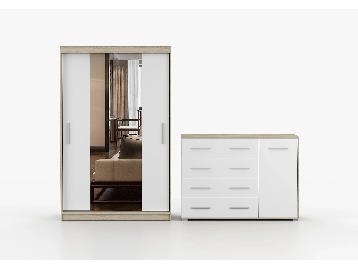 Ensemble armoire Danae et commode Ilario - Chêne - Blanc