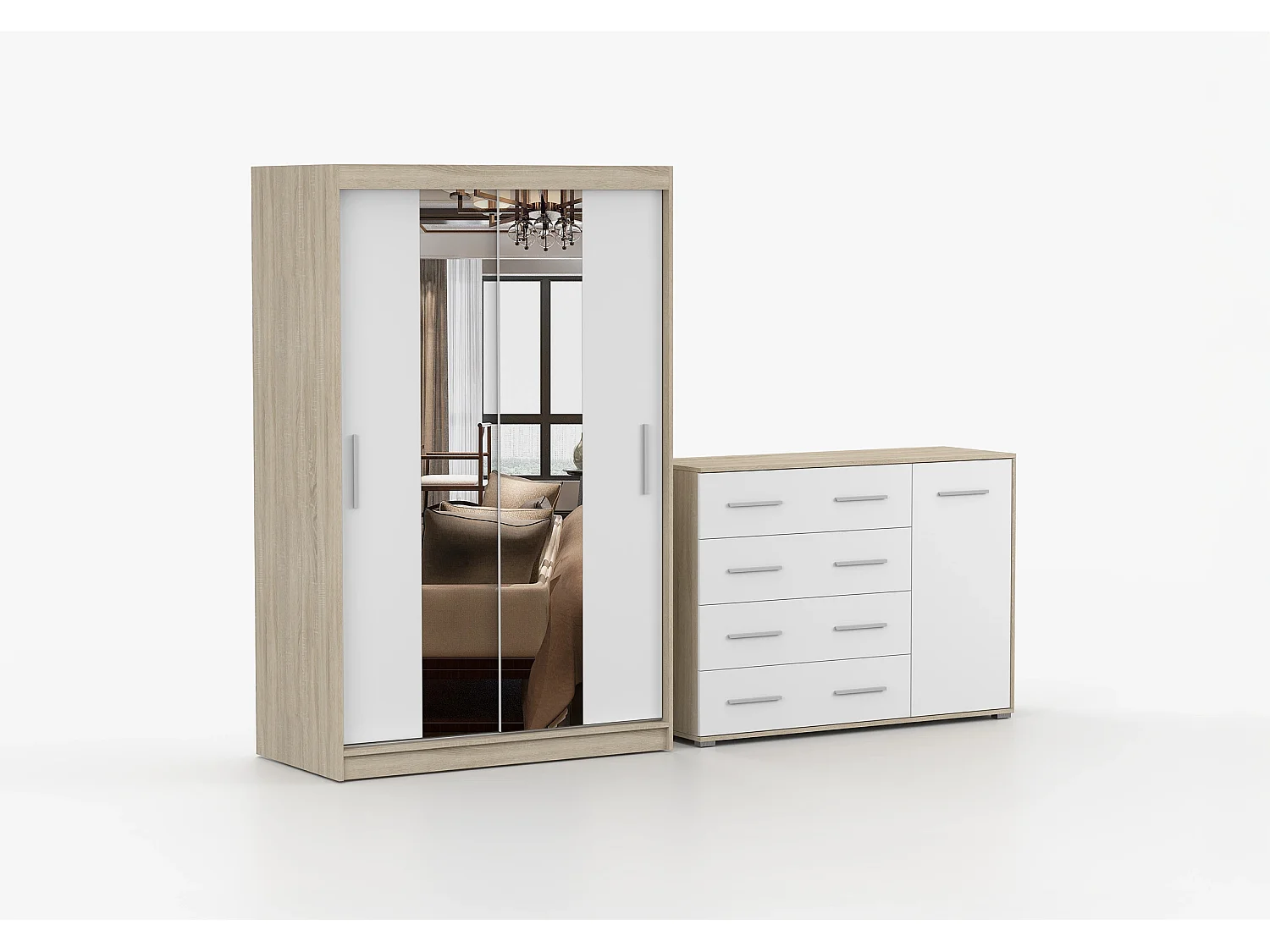 Ensemble armoire Danae et commode Ilario - Chêne - Blanc