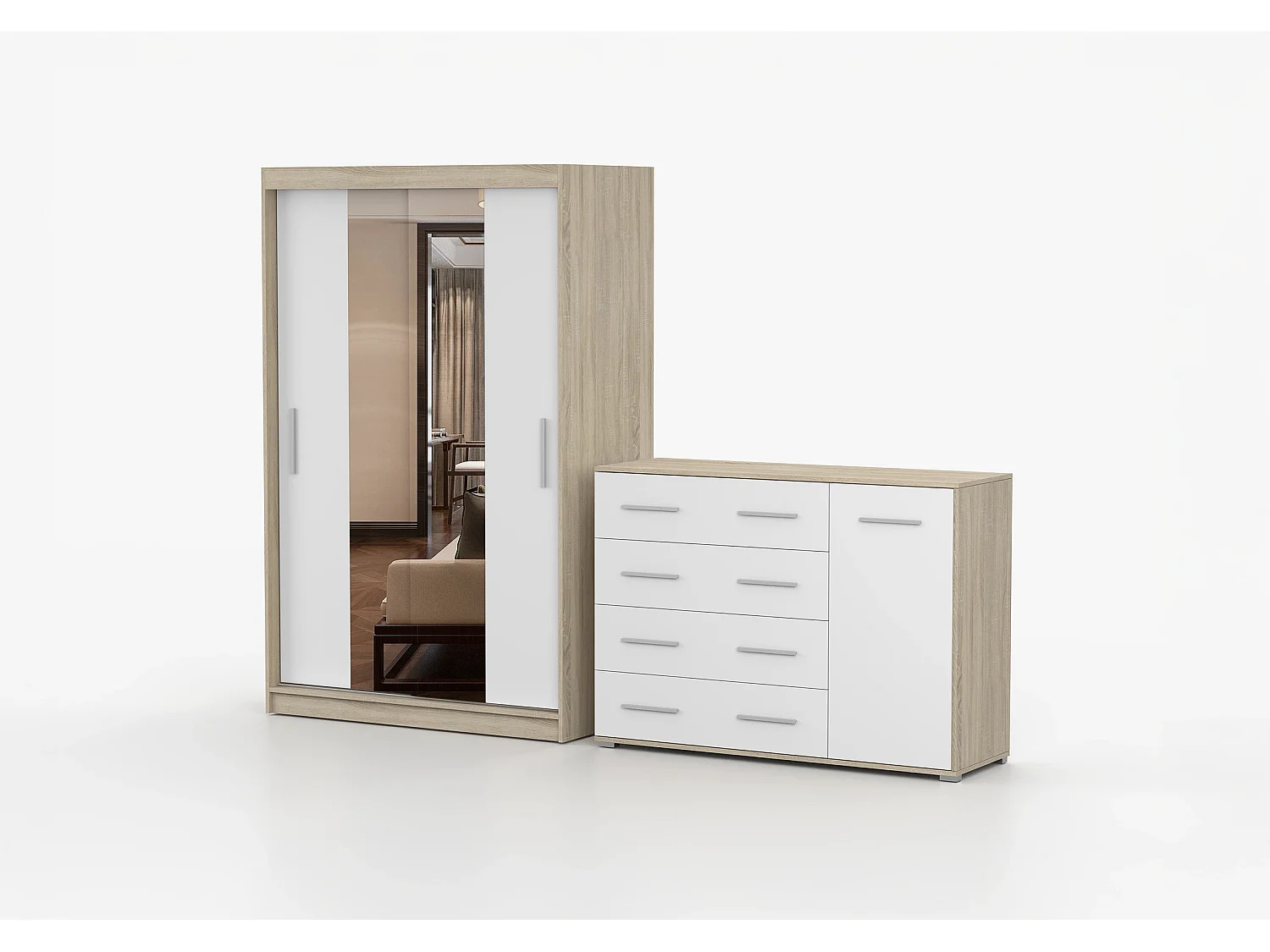 Ensemble armoire Danae et commode Ilario - Chêne - Blanc