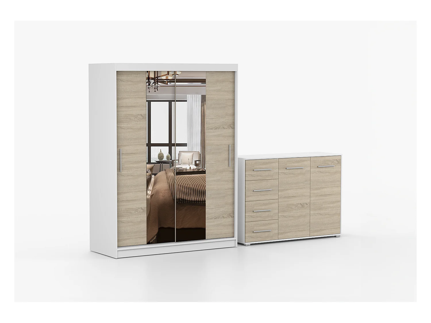 Ensemble armoire Aenora et commode Ilario - Blanc - Chêne