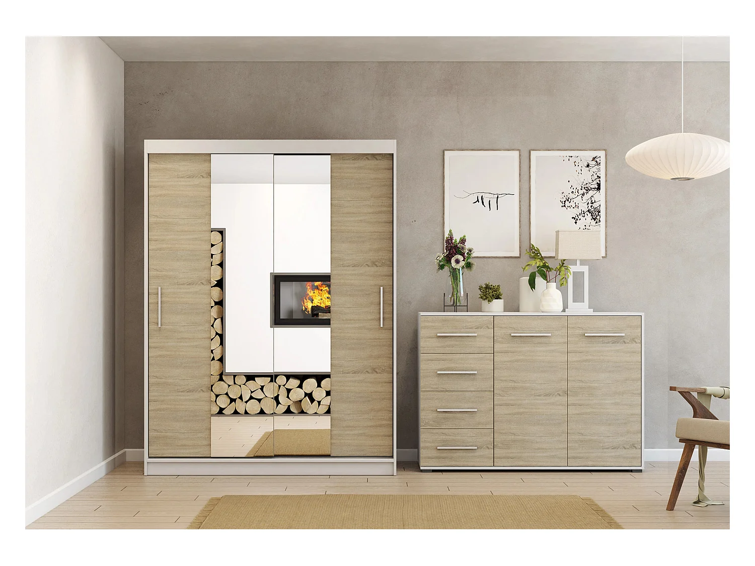 Ensemble armoire Aenora et commode Ilario - Blanc - Chêne