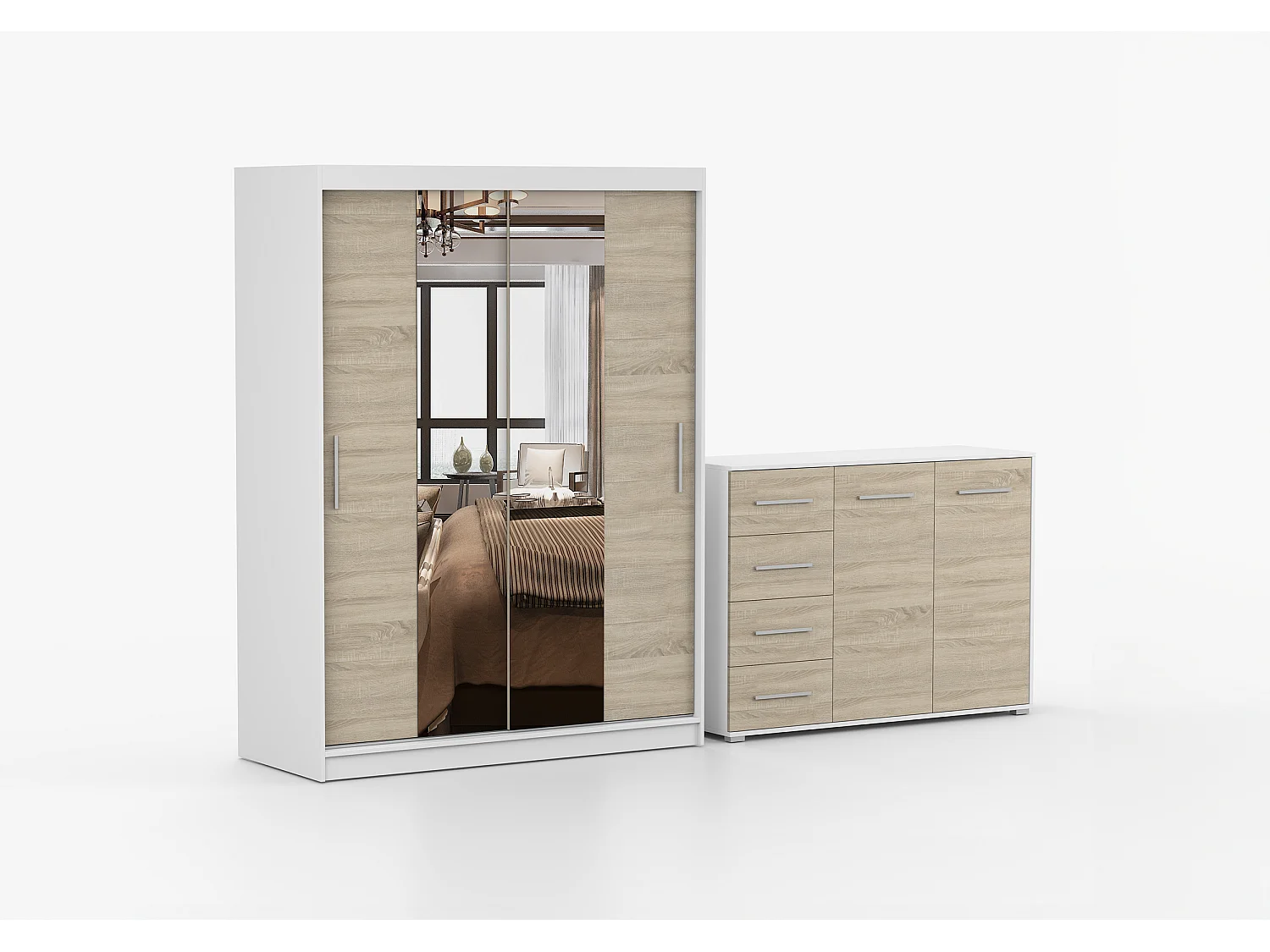 Ensemble armoire Aenora et commode Ilario - Blanc - Chêne