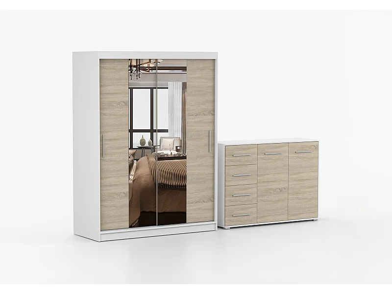 Ensemble armoire Aenora et commode Ilario - Blanc - Chêne