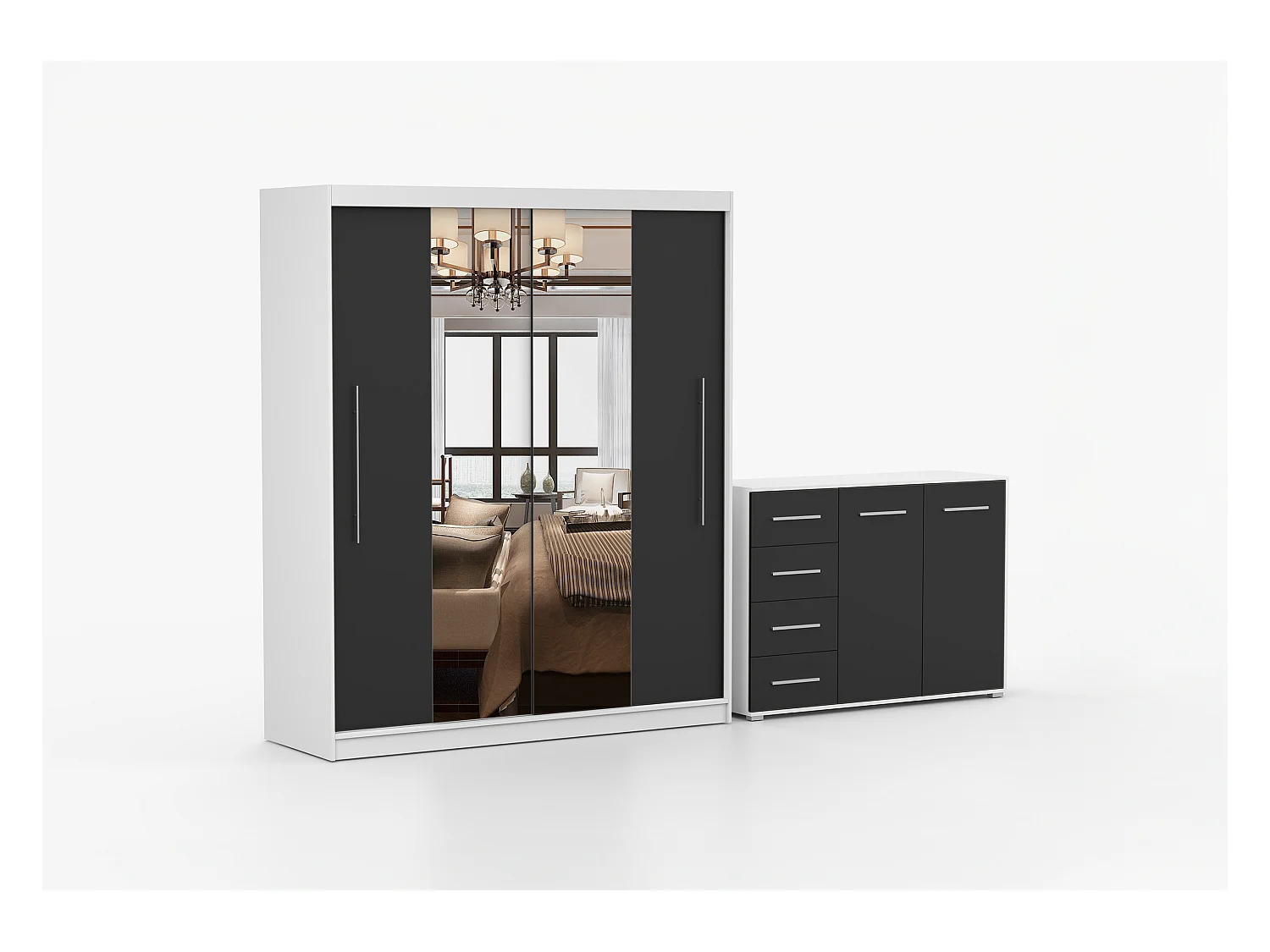 Ensemble armoire Eireen et commode Ilario avec miroir - Blanc - Noir