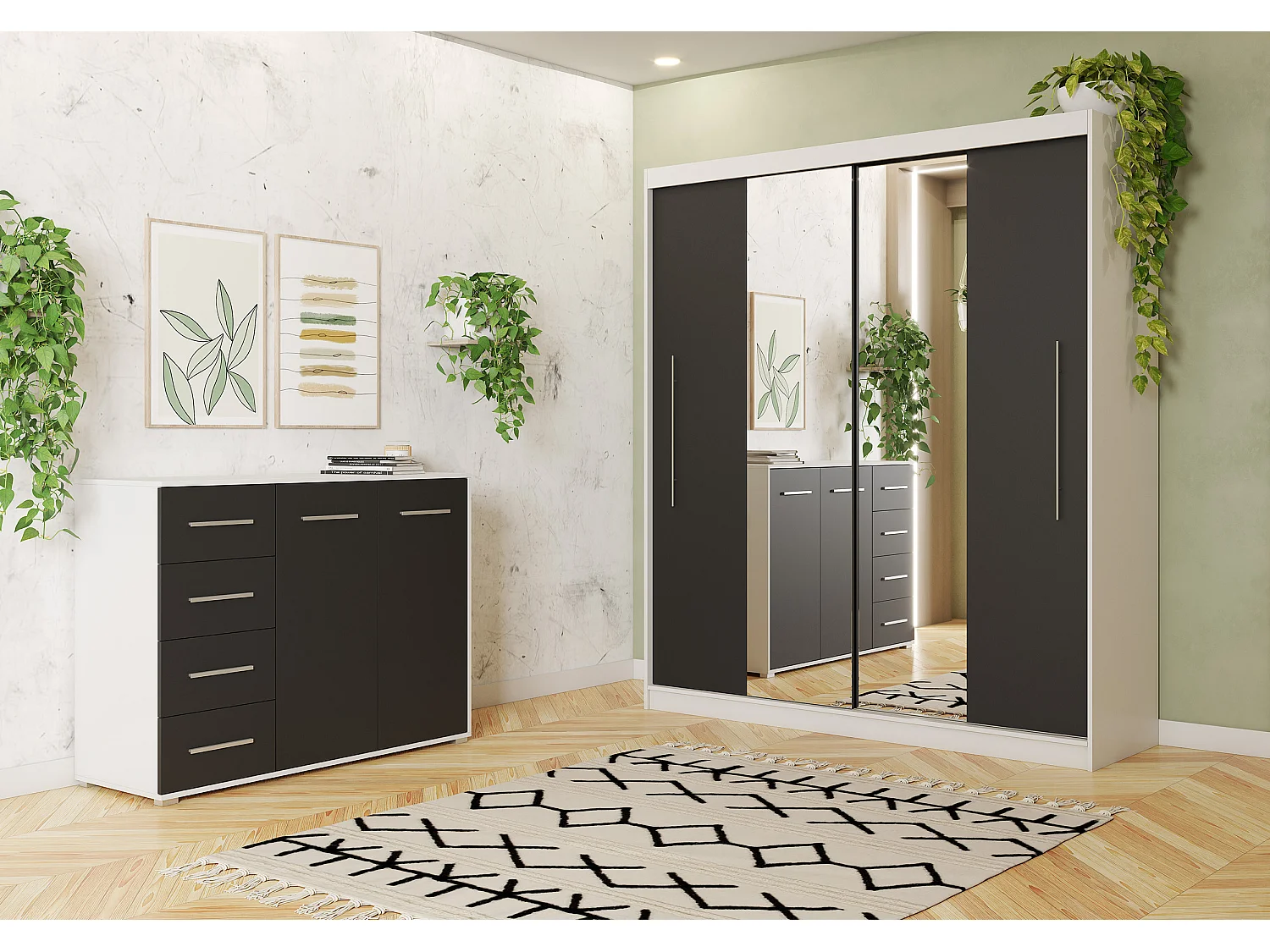 Ensemble armoire Eireen et commode Ilario avec miroir - Blanc - Noir