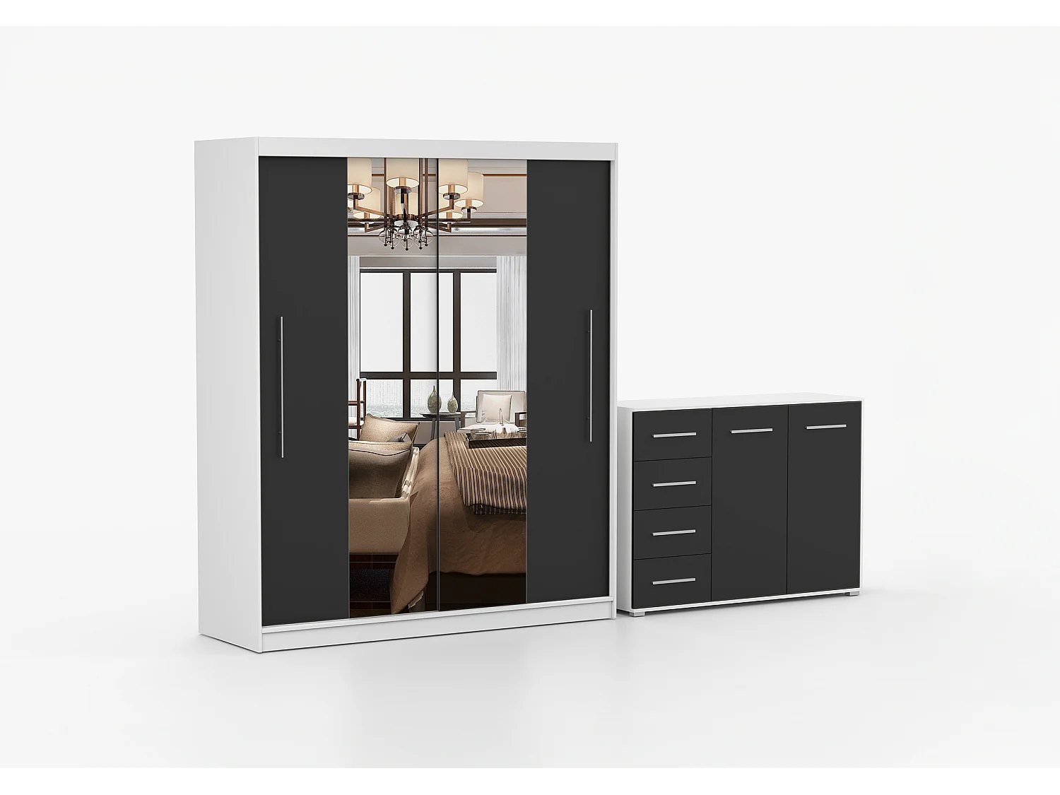 Ensemble armoire Eireen et commode Ilario avec miroir - Blanc - Noir