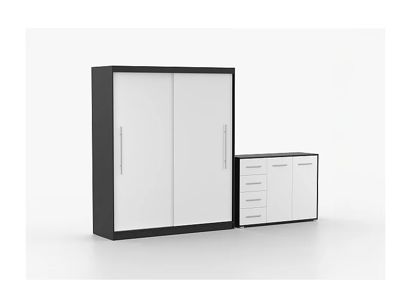Ensemble armoire Miralys avec commode Ilario - Noir - Blanc