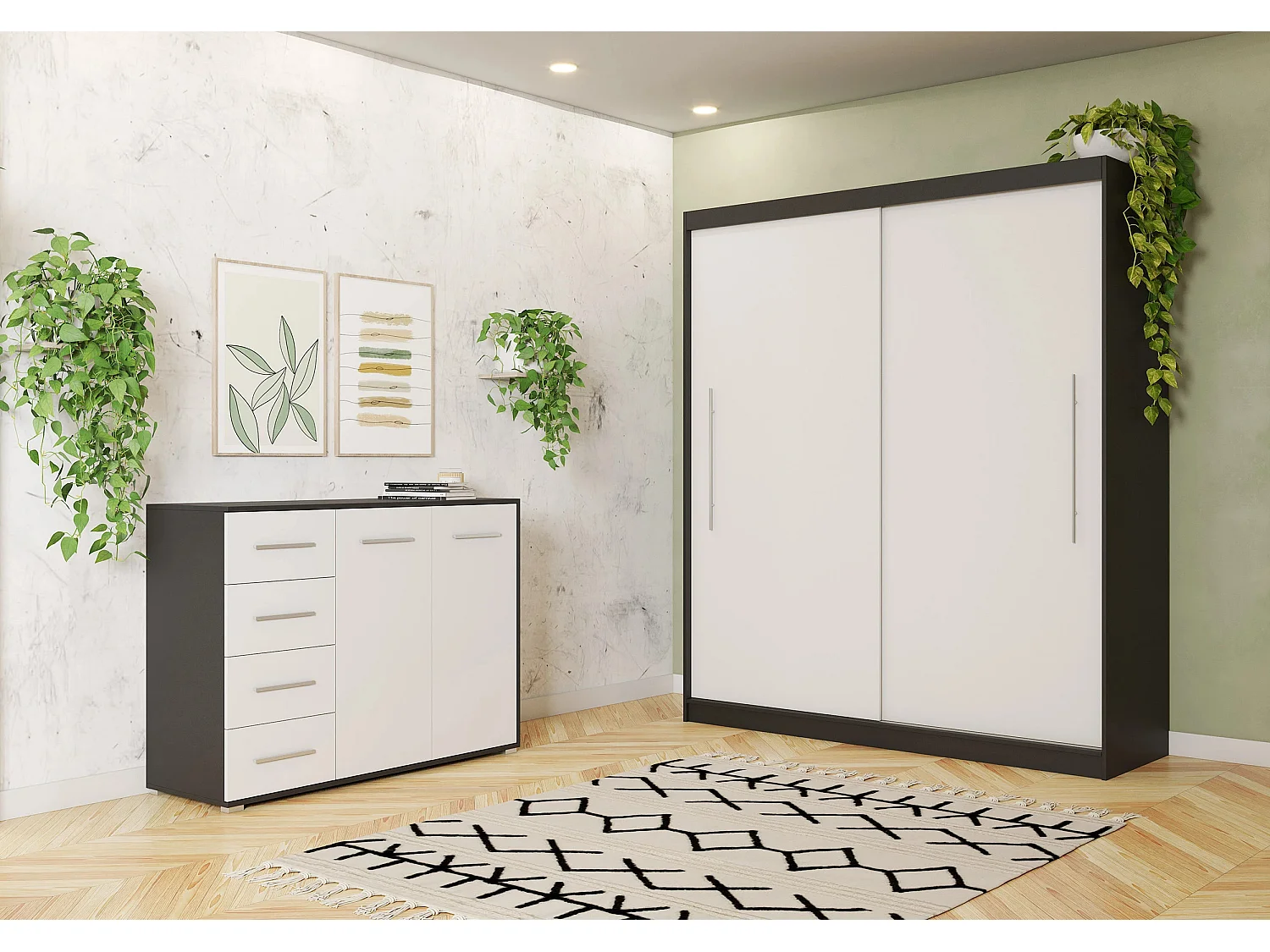 Ensemble armoire Miralys avec commode Ilario - Noir - Blanc