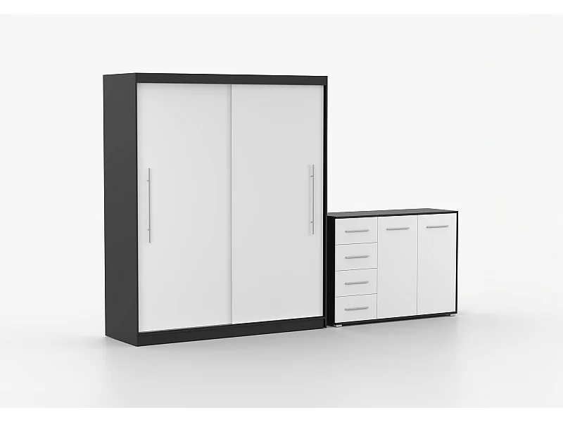 Ensemble armoire Miralys avec commode Ilario - Noir - Blanc